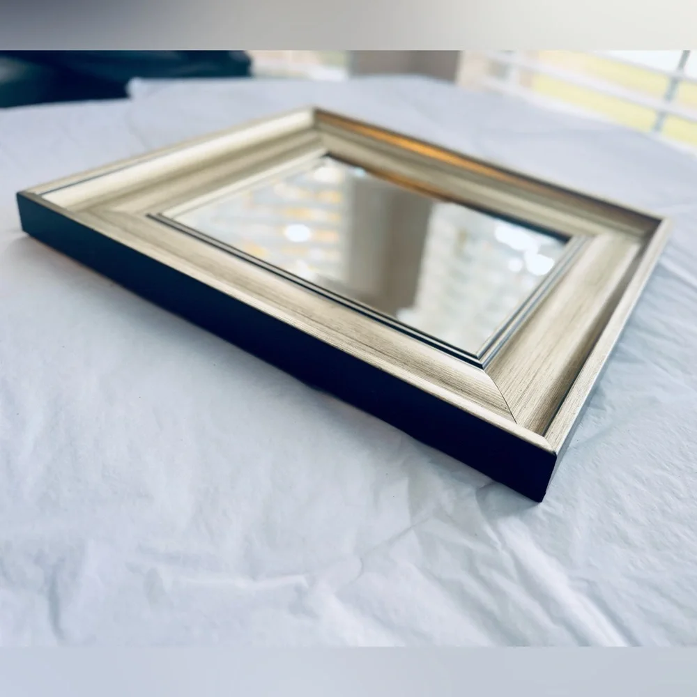 Vintage Minimalist Champagne Gold Silver Rectangular Wooden Wall Mirror